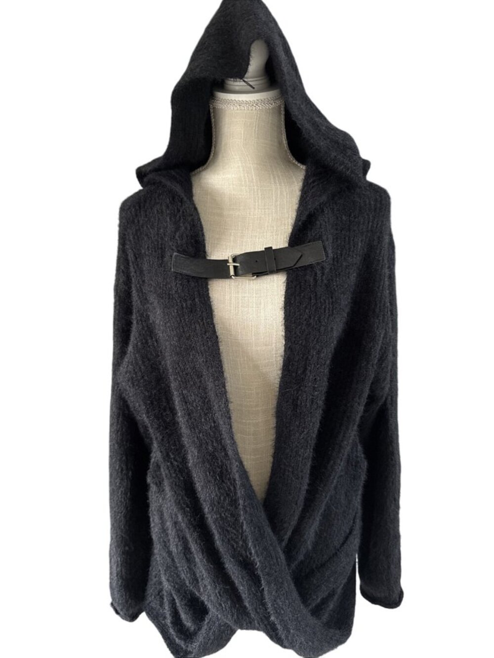 NWT Fashion Nova Black Hooded Wrap Cardigan Sweater W/Buckle Closure XL